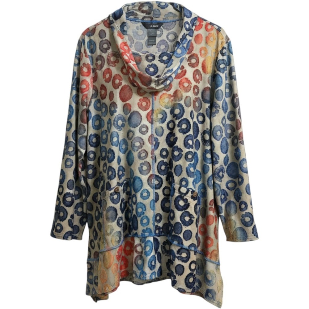 Ali Miles Womens 1X Cowl Neck Burnout Tunic Blue Red Watercolor Circle Print Top